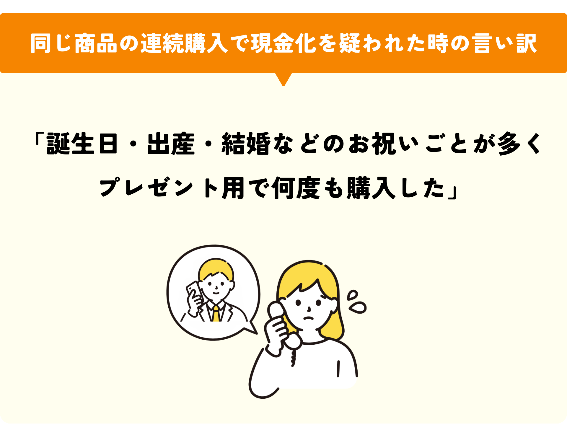 同じ商品の連続購入で現金化を疑われた時の言い訳