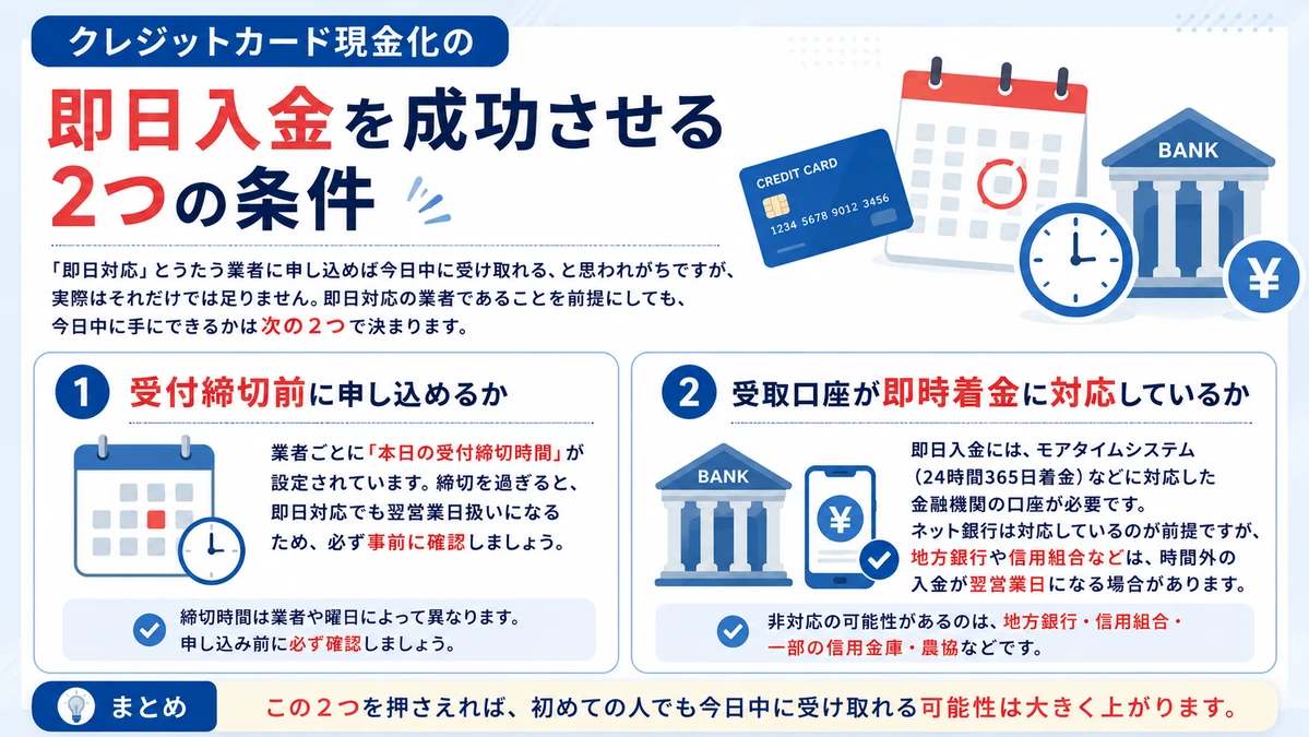 即日入金を成功させる2つの条件(受付締切前の申込とモアタイム対応口座)を表すアイコン