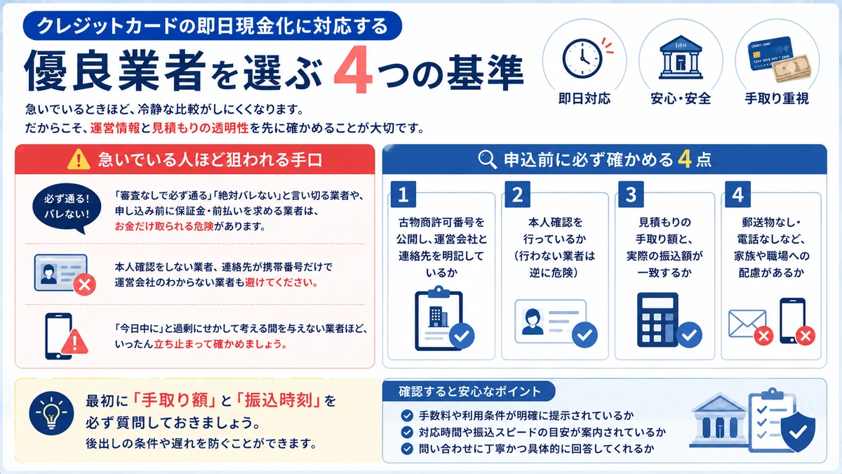 安全なクレジットカード現金化業者を見分けるイメージ