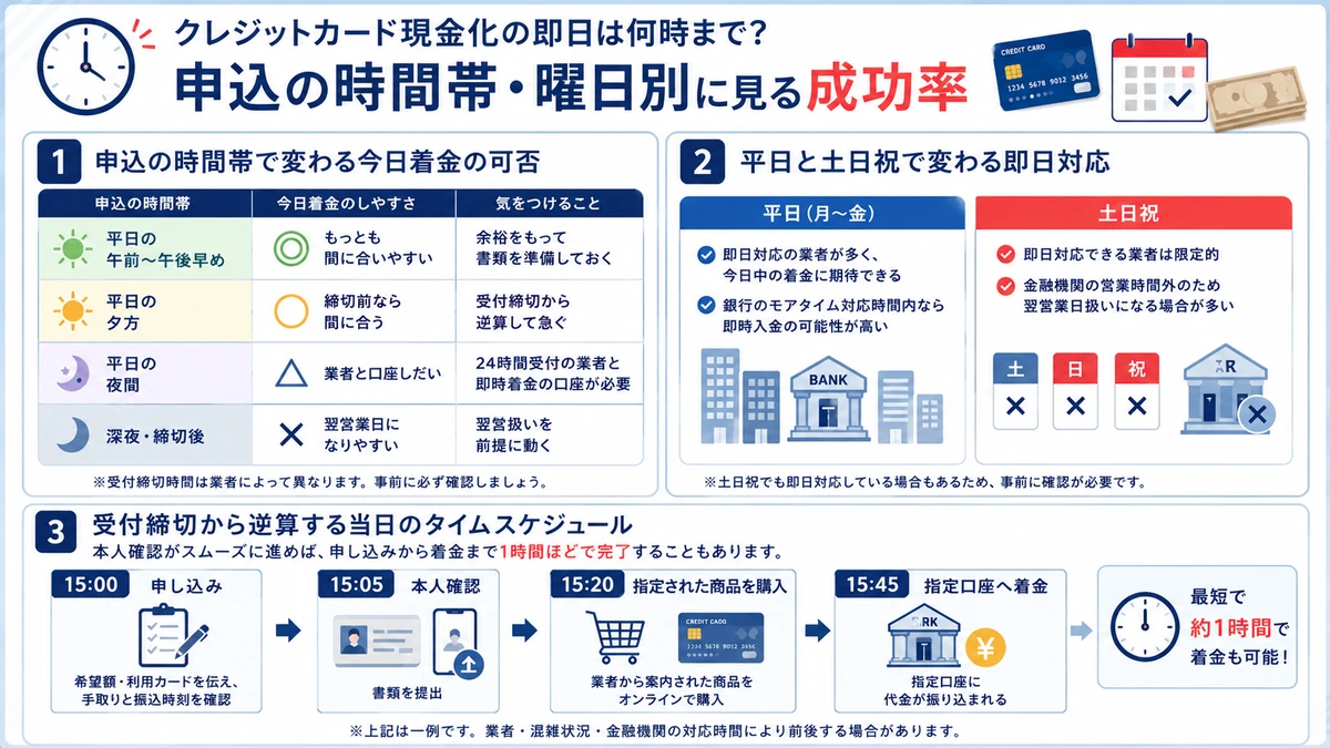 申込の時間帯と曜日で変わる即日入金の可否イメージ