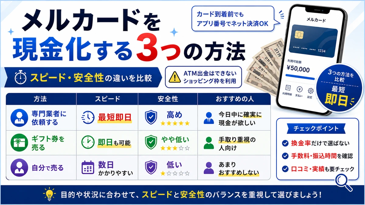 メルカード現金化の3つの方法を比較する図解