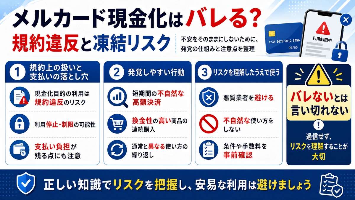 メルカード現金化の規約違反・凍結リスクと対策を示す図解