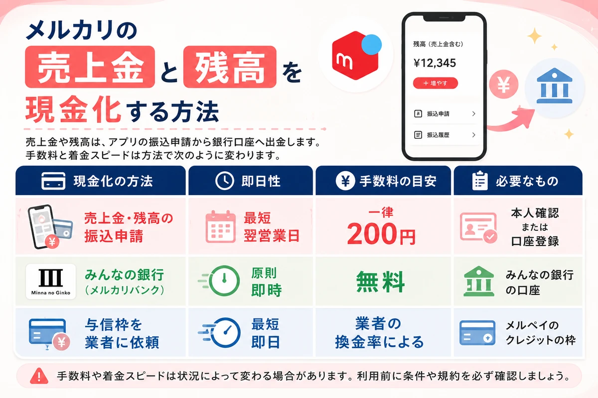 メルカリの売上金と残高を振込申請やメルカリバンクで現金化する手順