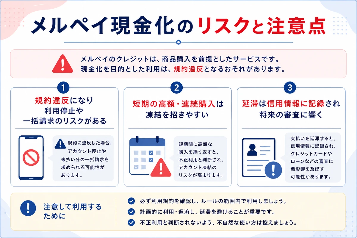 メルカリ現金化の規約違反と信用情報のリスクと注意点
