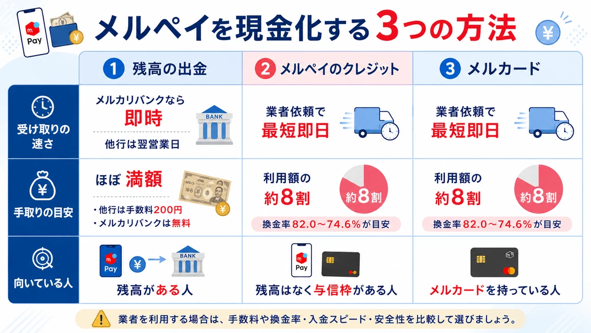 メルペイを現金化する3つの方法(残高・メルペイのクレジット・メルカード)の比較