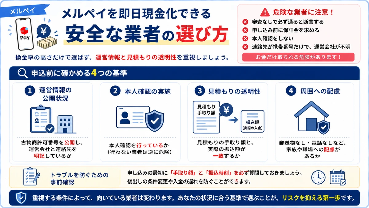 バレるリスクを抑えるメルペイ現金化業者の選び方のチェックポイント
