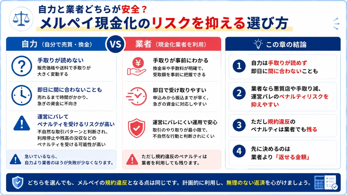 メルペイ現金化を自力と優良業者で比較し安全性の違いを示すイメージ