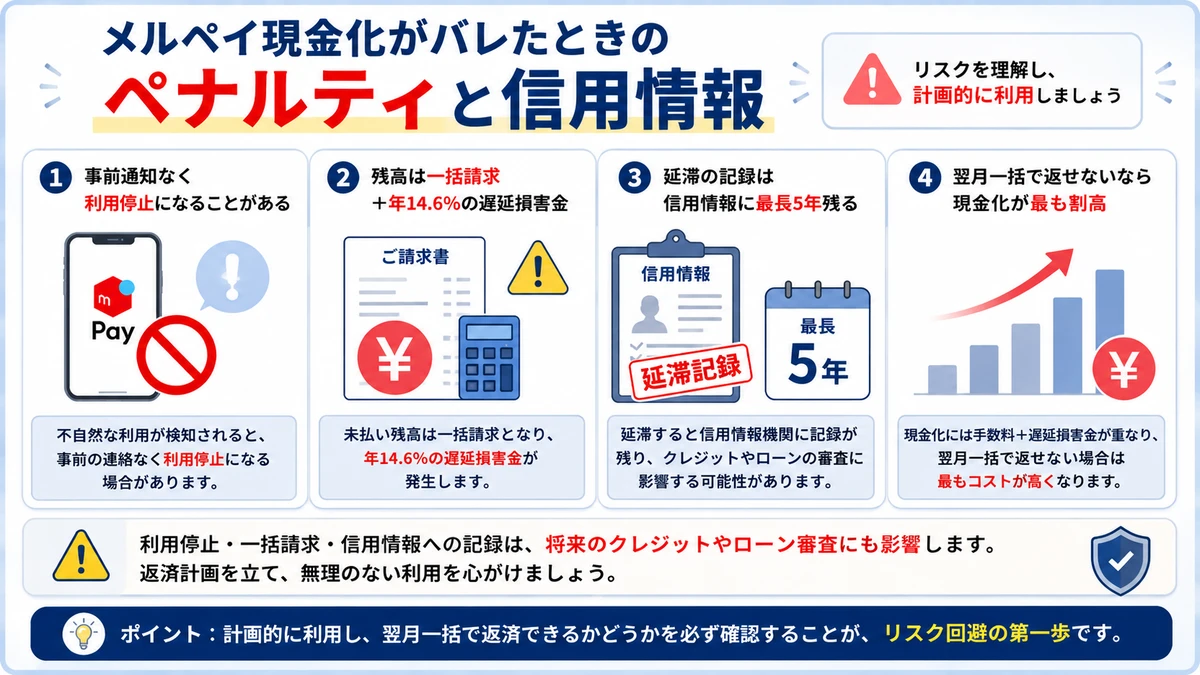 メルペイ現金化がバレたときの利用停止・一括請求・信用情報への影響を示すイメージ