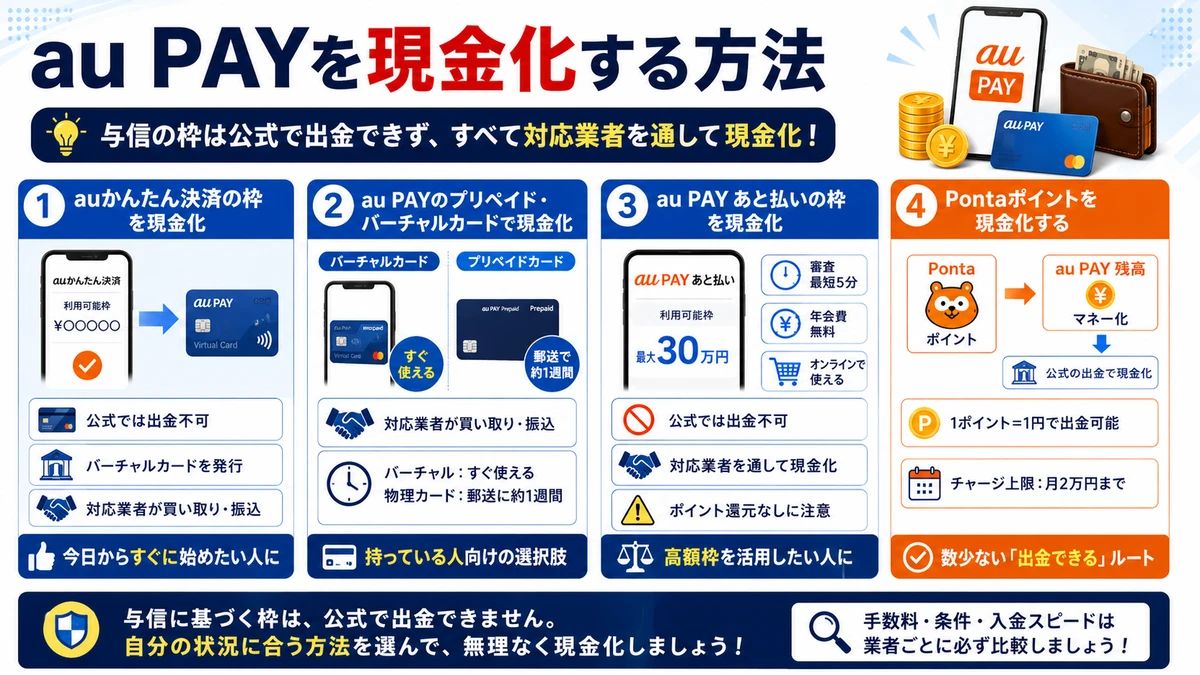 au PAYを現金化する手段別の方法