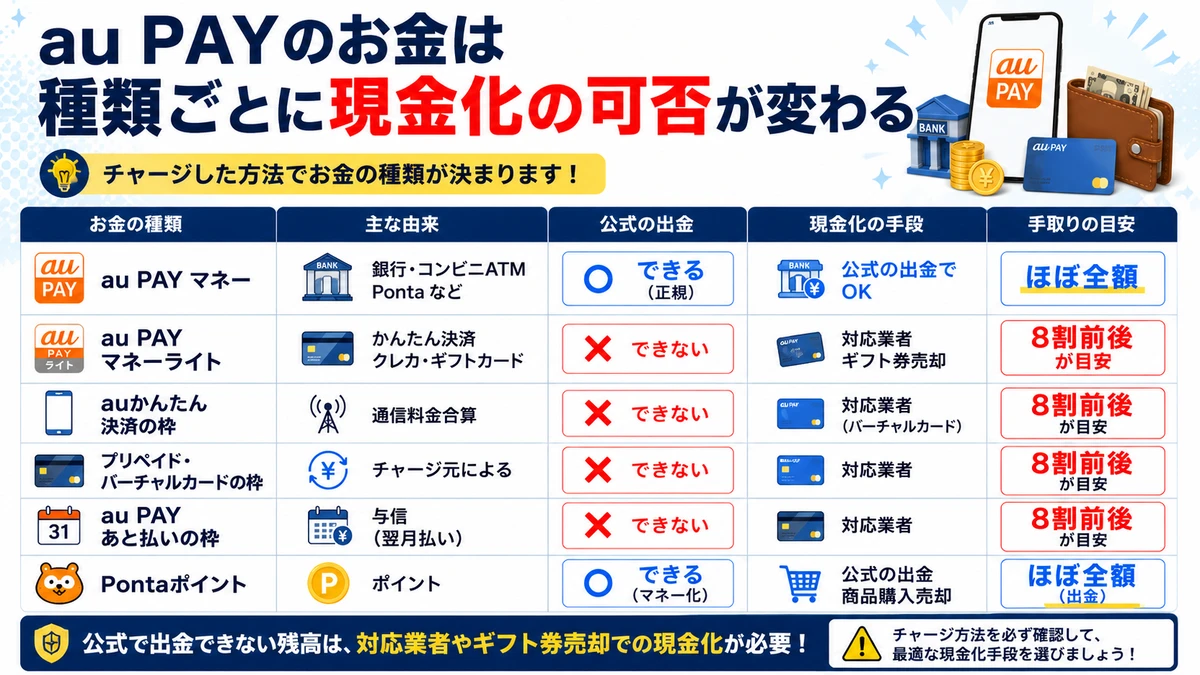 au PAYのお金の種類別 現金化の可否早見マップ