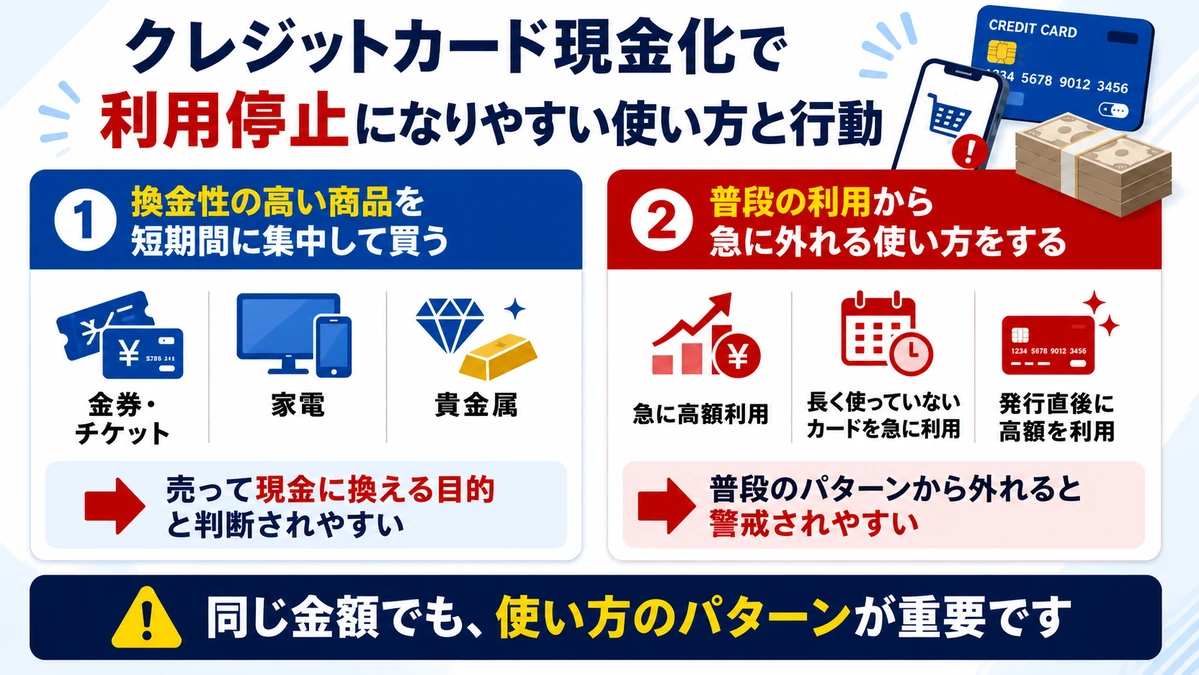 クレジットカード現金化で利用停止になりやすい使い方を示す図