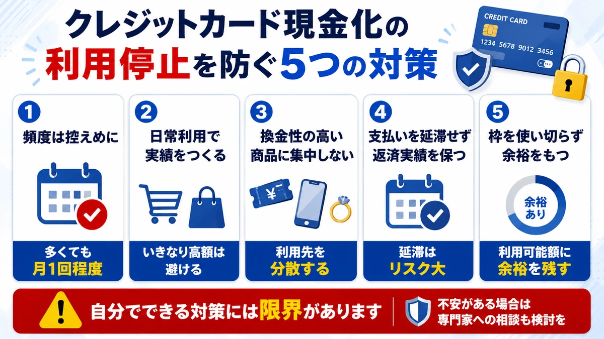 クレジットカード現金化で利用停止にならないための対策を示すイメージ