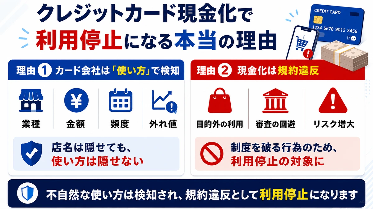 クレジットカード現金化で利用停止になる理由と検知の仕組みを示す図