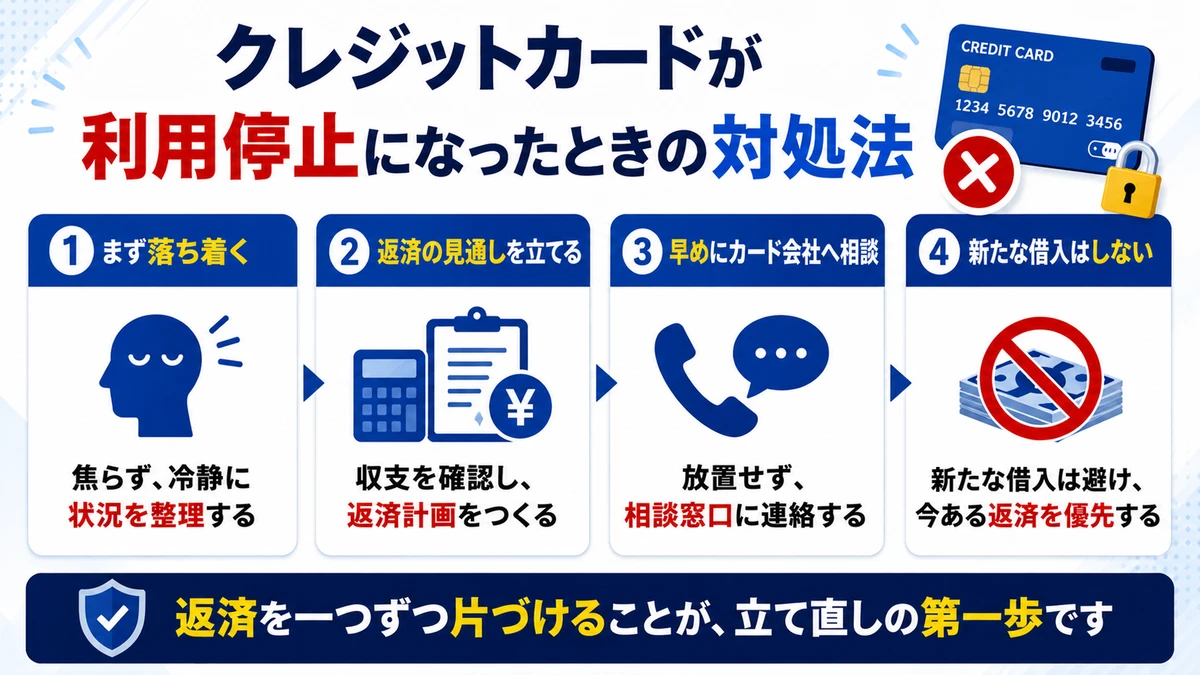 利用停止から強制解約までの段階と信用情報への影響を示す図