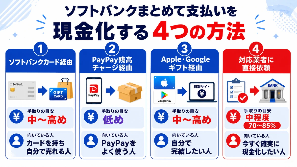 ソフトバンクまとめて支払いの現金化に使える4つの方法